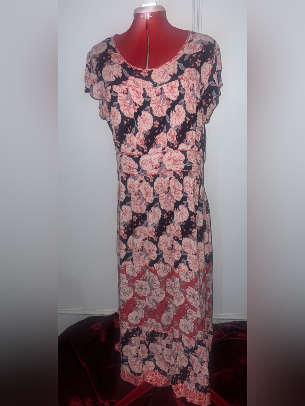 Knox Rose Navy Maxi Dress with Pink Floral Prin size large boho cottage